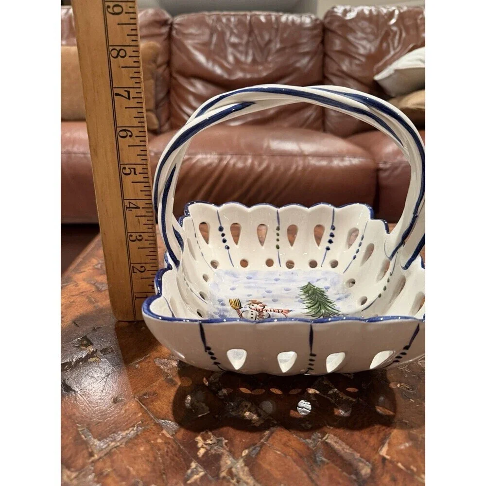 RCCL Portugal Porcelain Hand Painted Square Basket w/ Braided Handle- Christmas